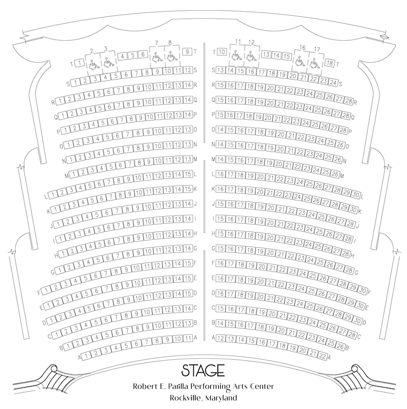 Robert e parilla performing arts center seating chart starting with the stage then the orchestra then rows A through R